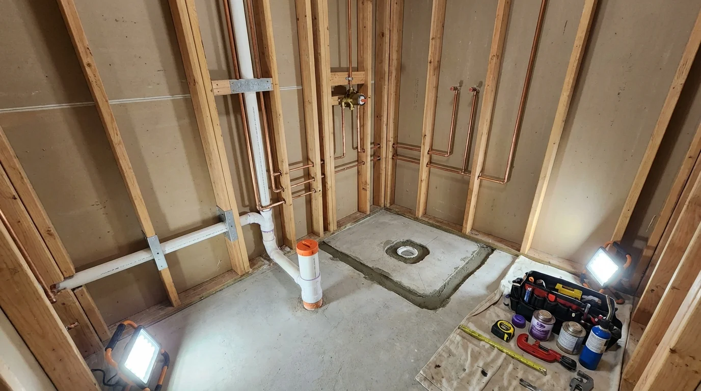 Bathroom rough-in plumbing during remodel by Johns Plumbing LLC in Council Bluffs