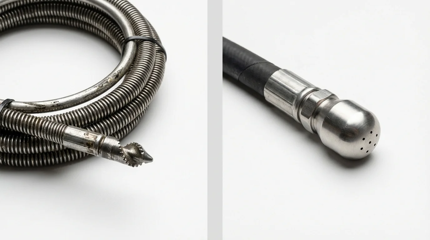 Drain snake cable and hydro jetting nozzle used for drain cleaning in Council Bluffs, IA