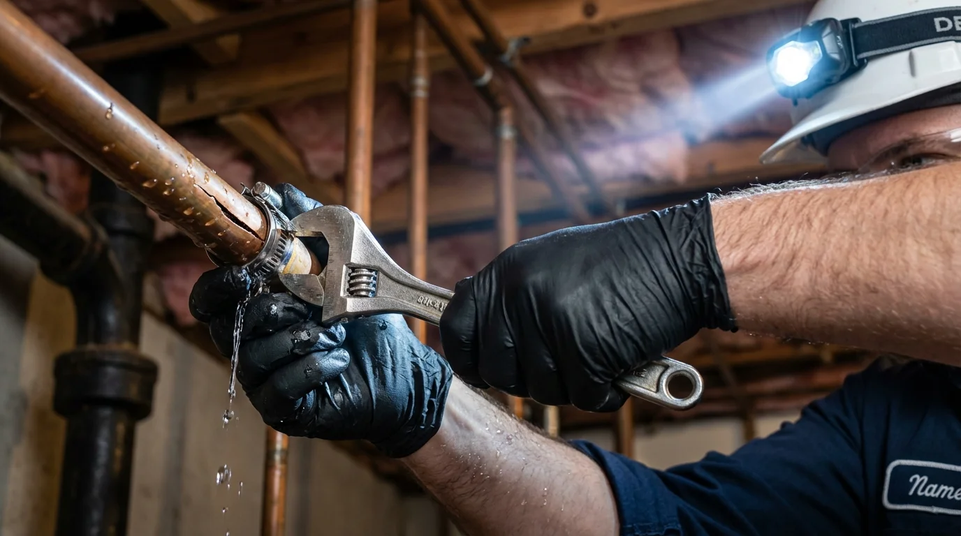 Emergency pipe clamp repair being performed by a Johns Plumbing LLC plumber in Council Bluffs