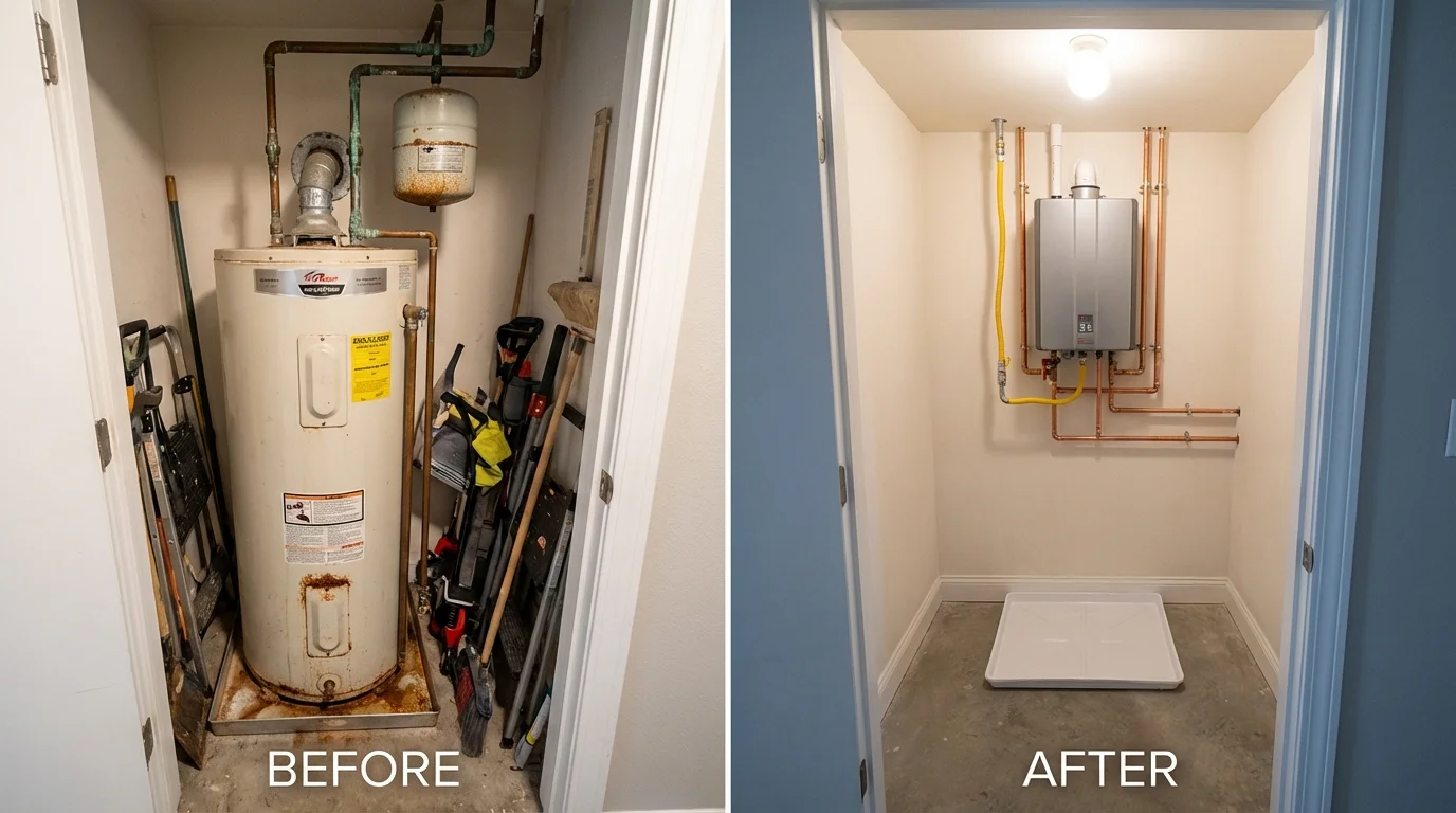 Tank water heater versus wall-mounted tankless unit comparison for Council Bluffs, IA homeowners