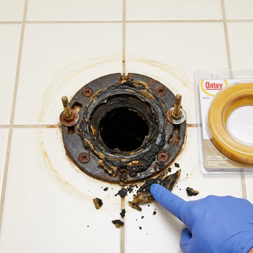 Failed wax ring showing water seepage at the base of a toilet in a Council Bluffs, IA home