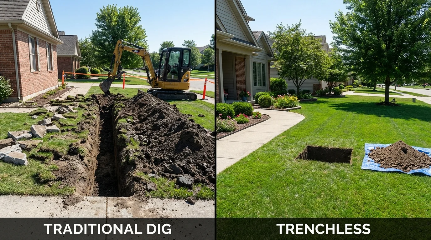 Trenchless sewer repair with minimal yard damage versus traditional excavation in Council Bluffs, IA