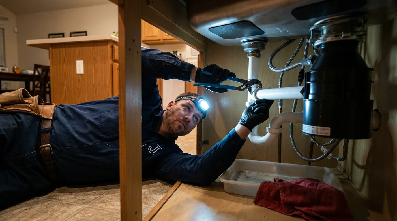 P-trap and supply line connections under a kitchen sink showing a common leak point in Council Bluffs, IA